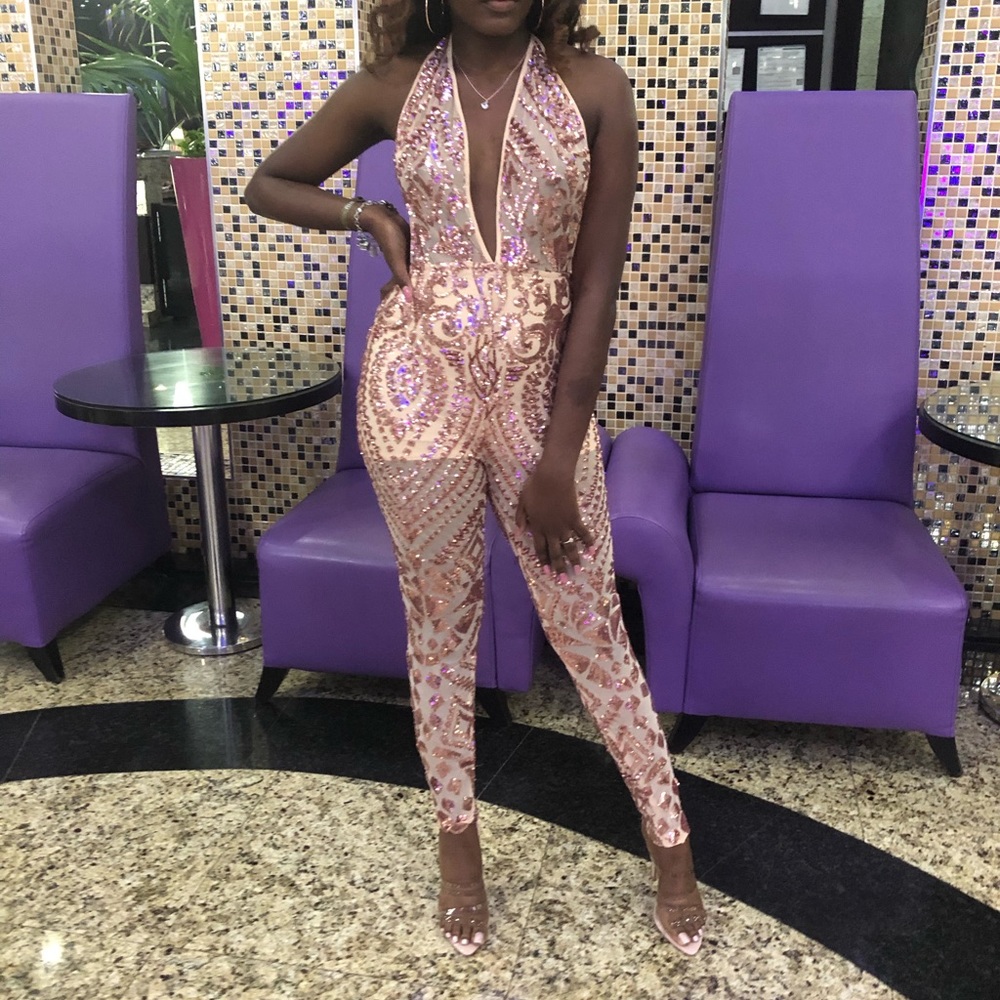 Rose gold sequin deep V body suit